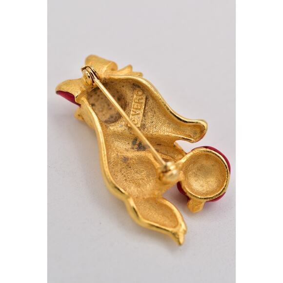 Vero Vintage Christmas Kitten Pin Brooch Cat Brushed Gold Red Bow Signed BinBP - Picture 11 of 12